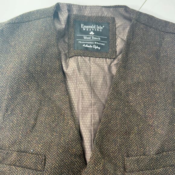 Emerald Isle Weaving Mens Wool Tweed Herringbone Waistcoat Vest Sz 48 Brown - Picture 4 of 6